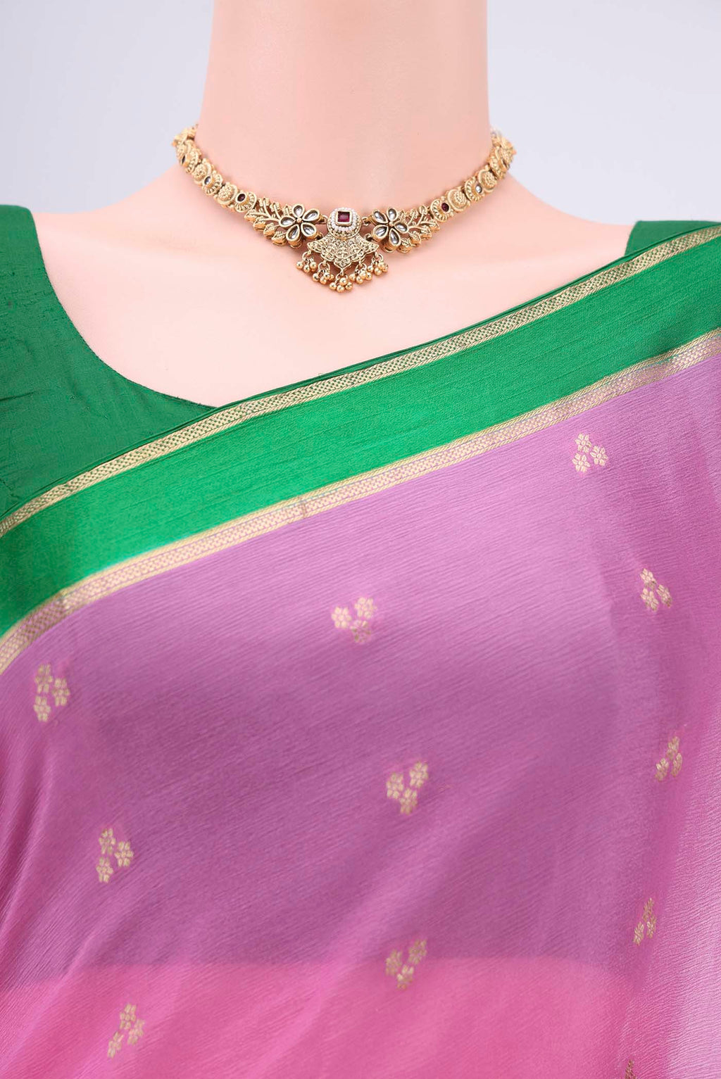 Border image of Rose pink Mysore Chiffon Saree with Zari Butta on the body and Zari Border. 
