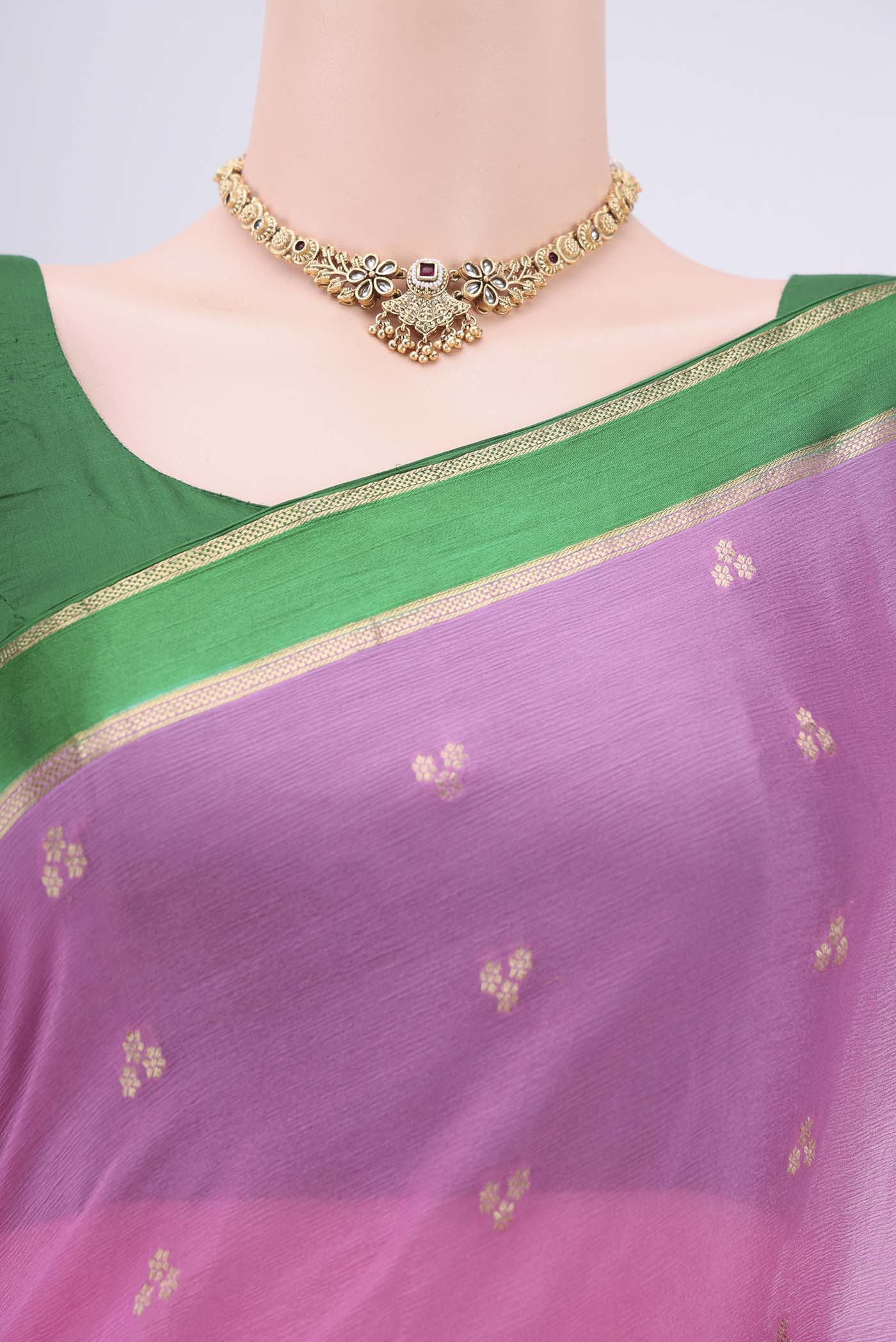 Border image of Rose pink Mysore Chiffon Saree with Zari Butta on the body and Zari Border. 
