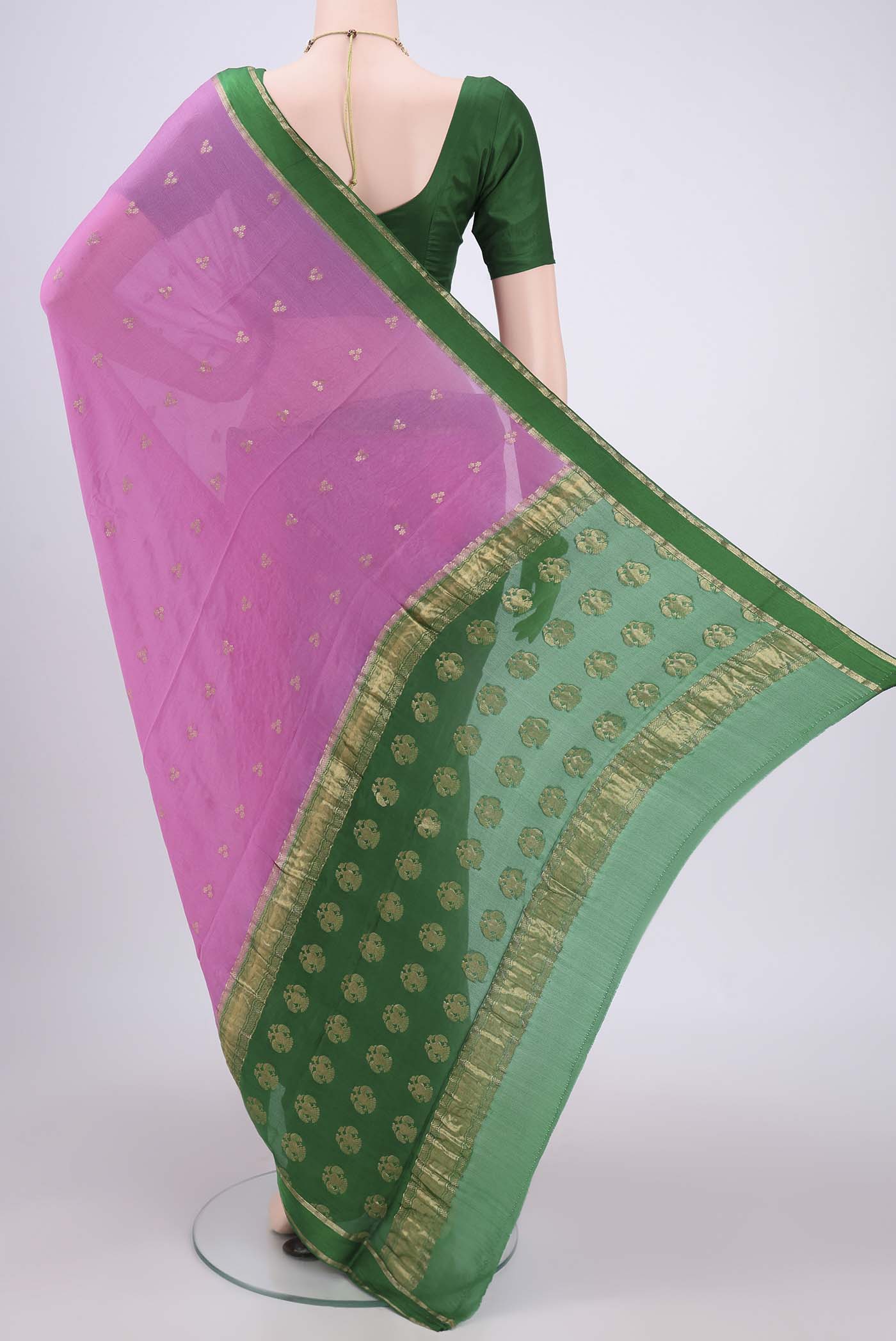 Flat view of Rose pink Mysore Chiffon Saree with Zari Butta on the body and Zari Border. 