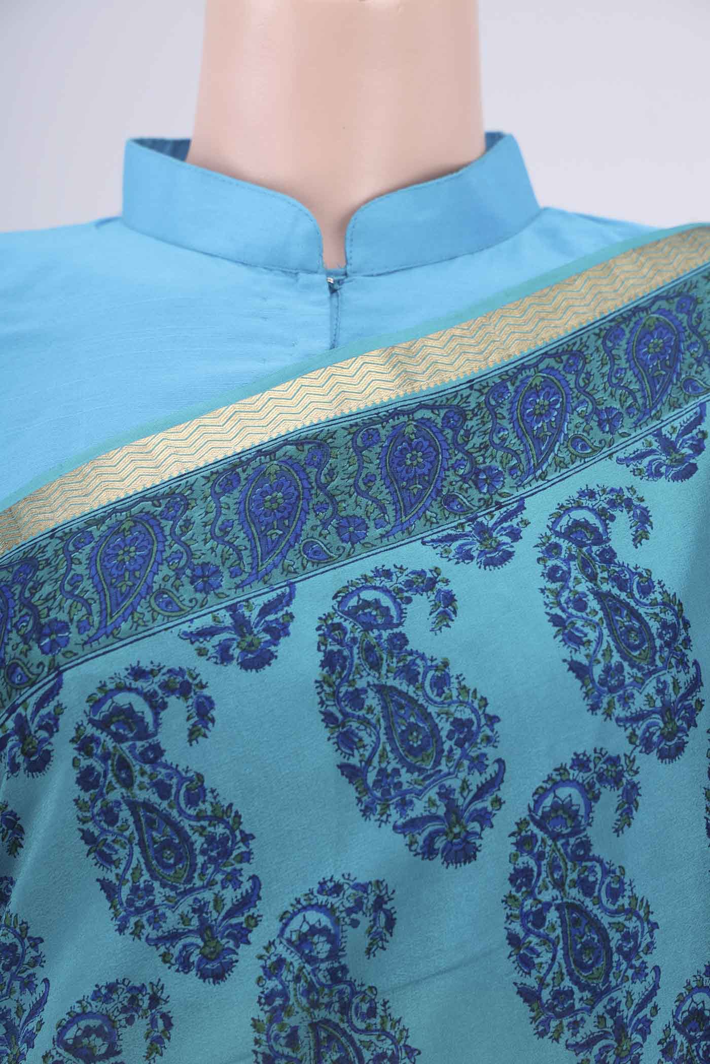 Border image of Teal Mysore Crepe Saree with Floral Print on the body and Zari Border. 