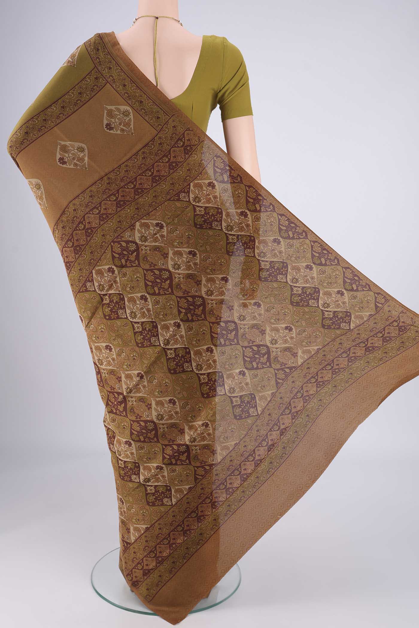 Flat view of Brown Mysore Crepe Saree with Geometric Print on the body and Printed Border. 