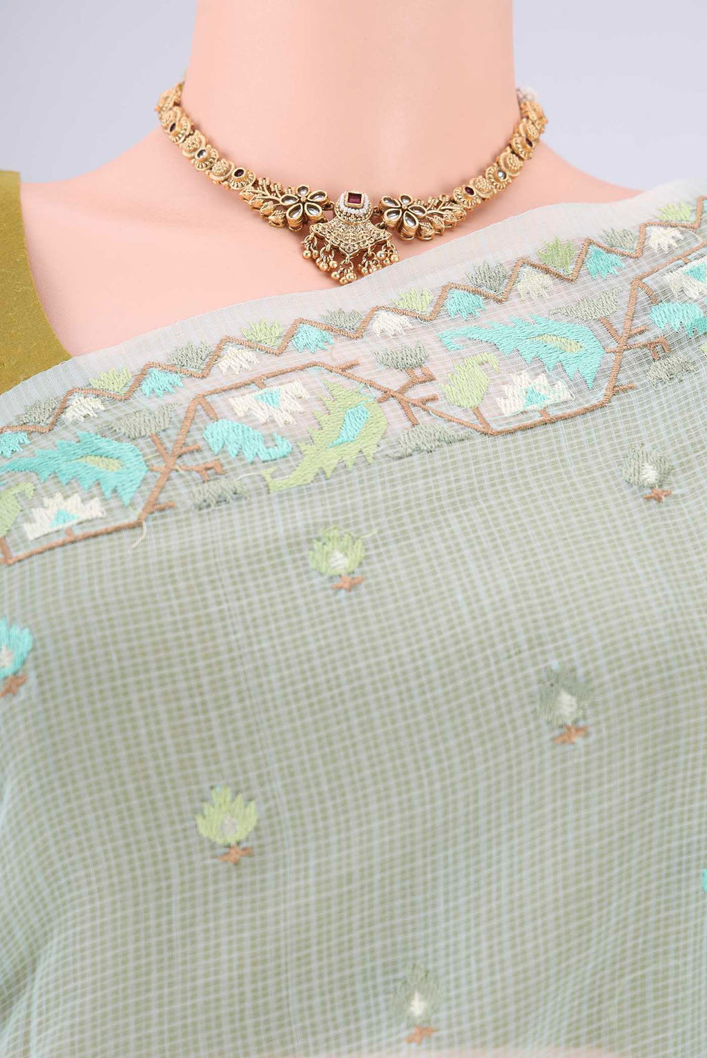 Border image of Sky Blue Blended Kota Cotton Saree with Embroidery on the body and Thread Border. 