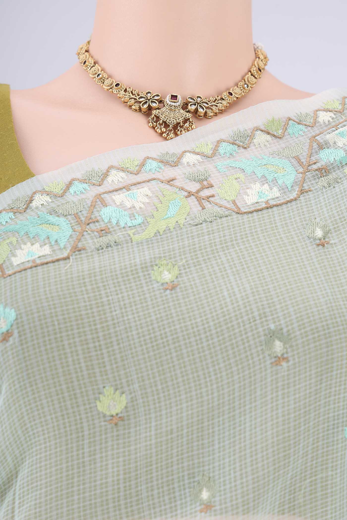 Border image of Sky Blue Blended Kota Cotton Saree with Embroidery on the body and Thread Border. 