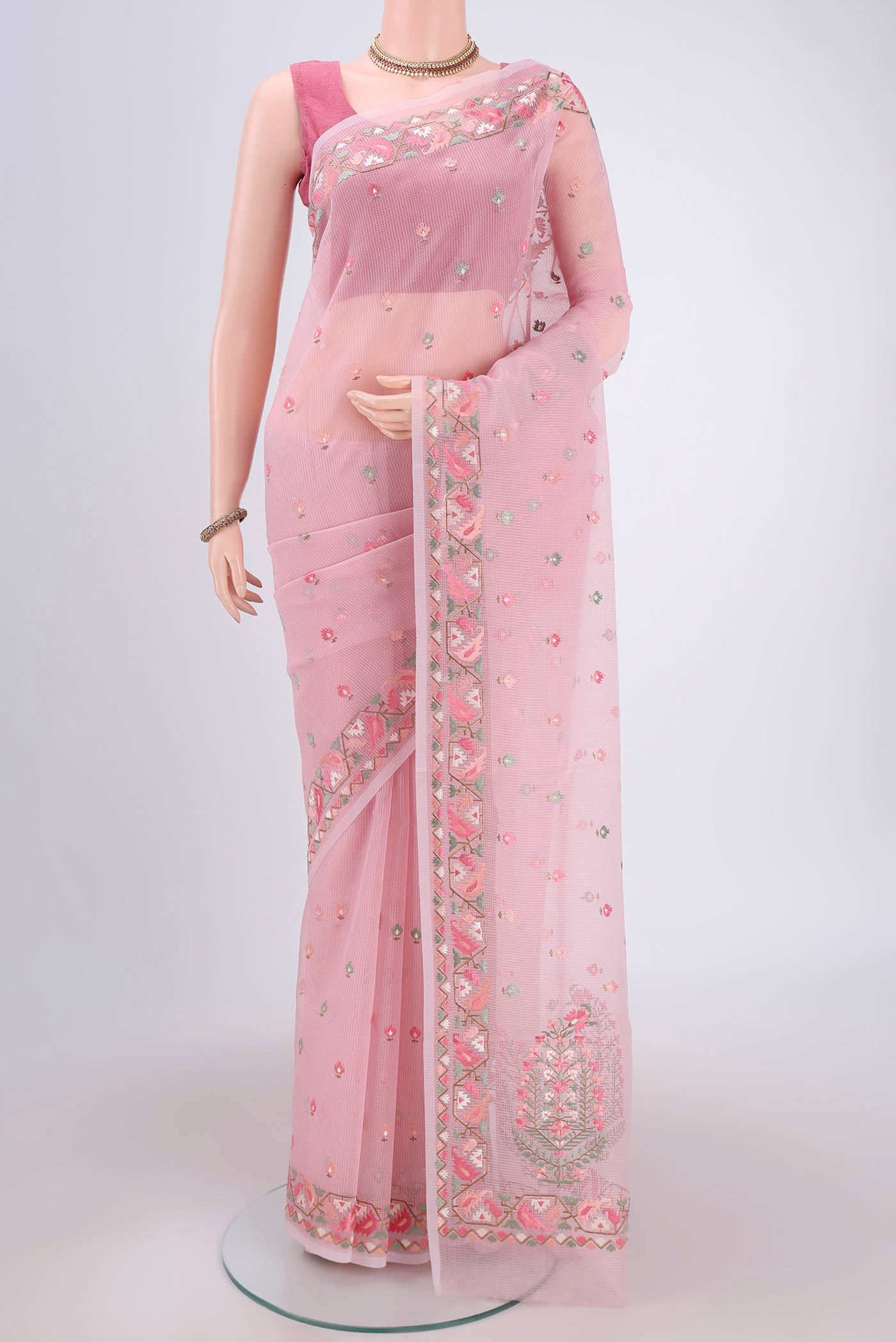 Pink Kota Cotton Saree with Embroidery on the body and Thread Border.  displayed on a mannequin