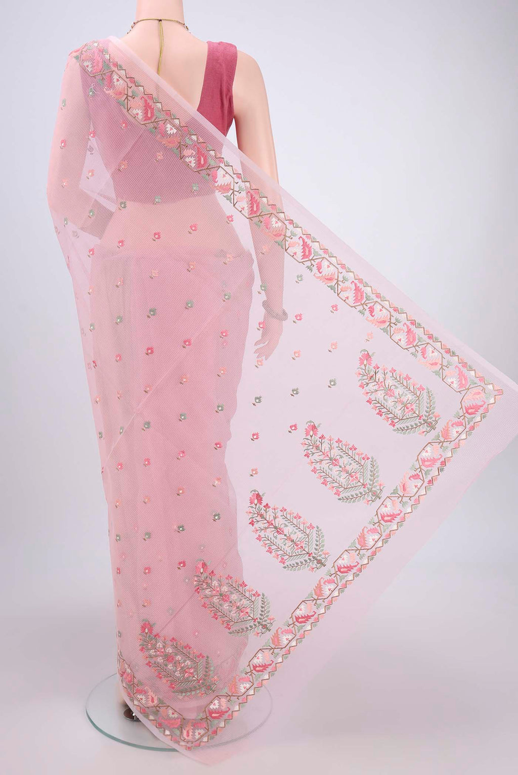 Flat view of Pink Kota Cotton Saree with Embroidery on the body and Thread Border. 