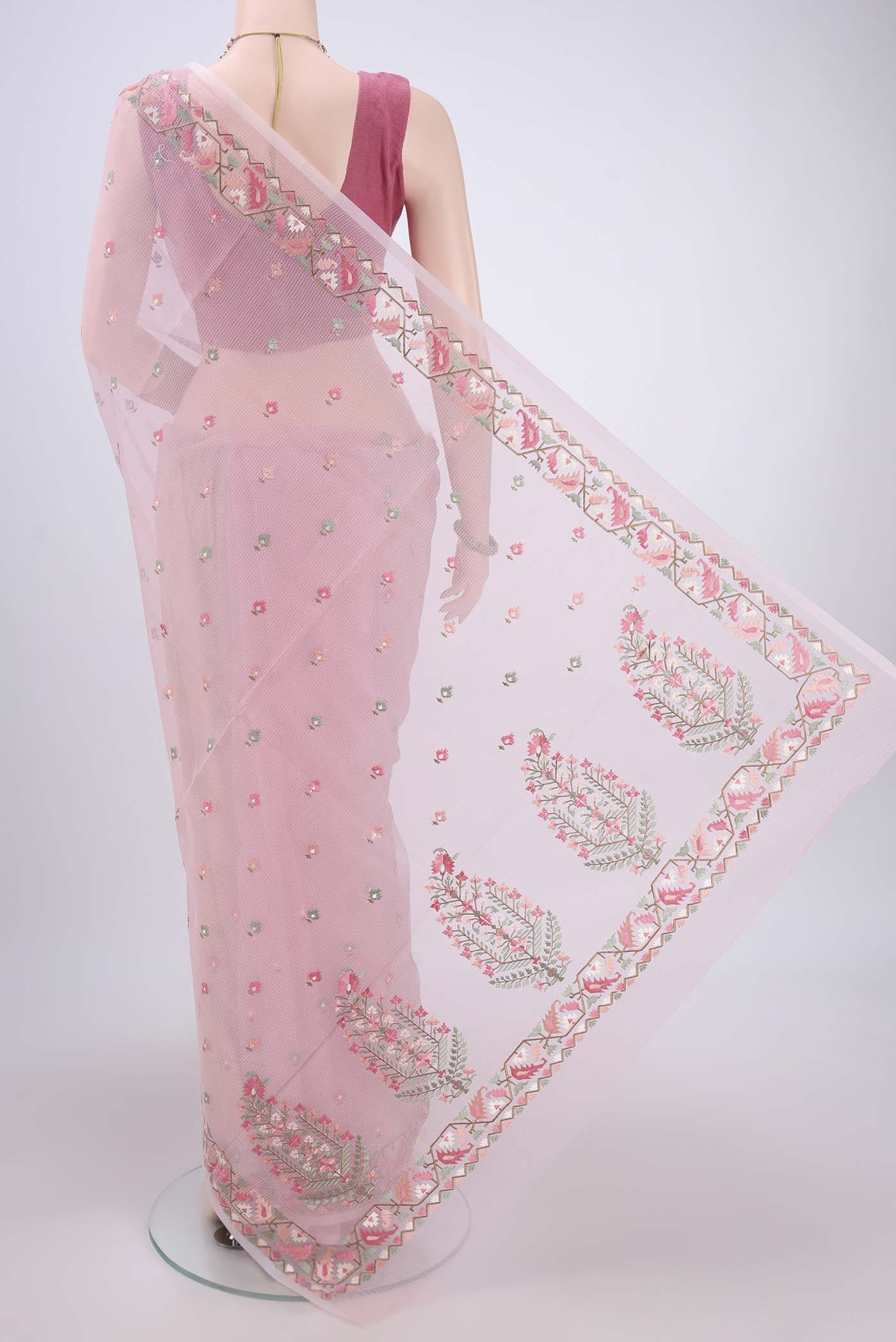 Flat view of Pink Kota Cotton Saree with Embroidery on the body and Thread Border. 