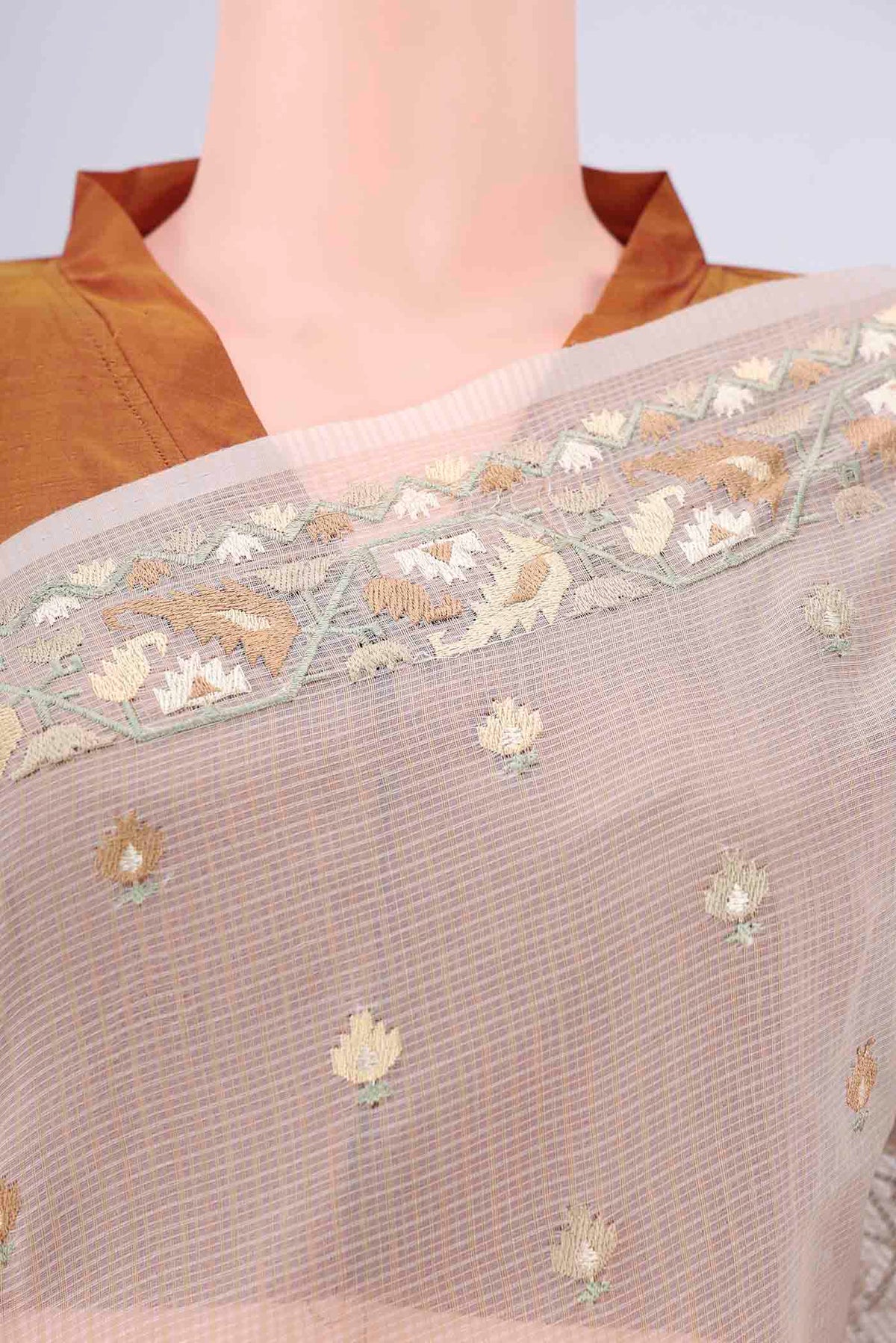 Border image of Beige Blended Kota Cotton Saree with Embroidery on the body and Thread Border. 