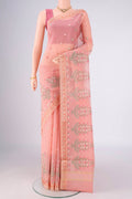 Peach Blended Kota Cotton Saree with Embroidery on the body and Thread Border.  displayed on a mannequin