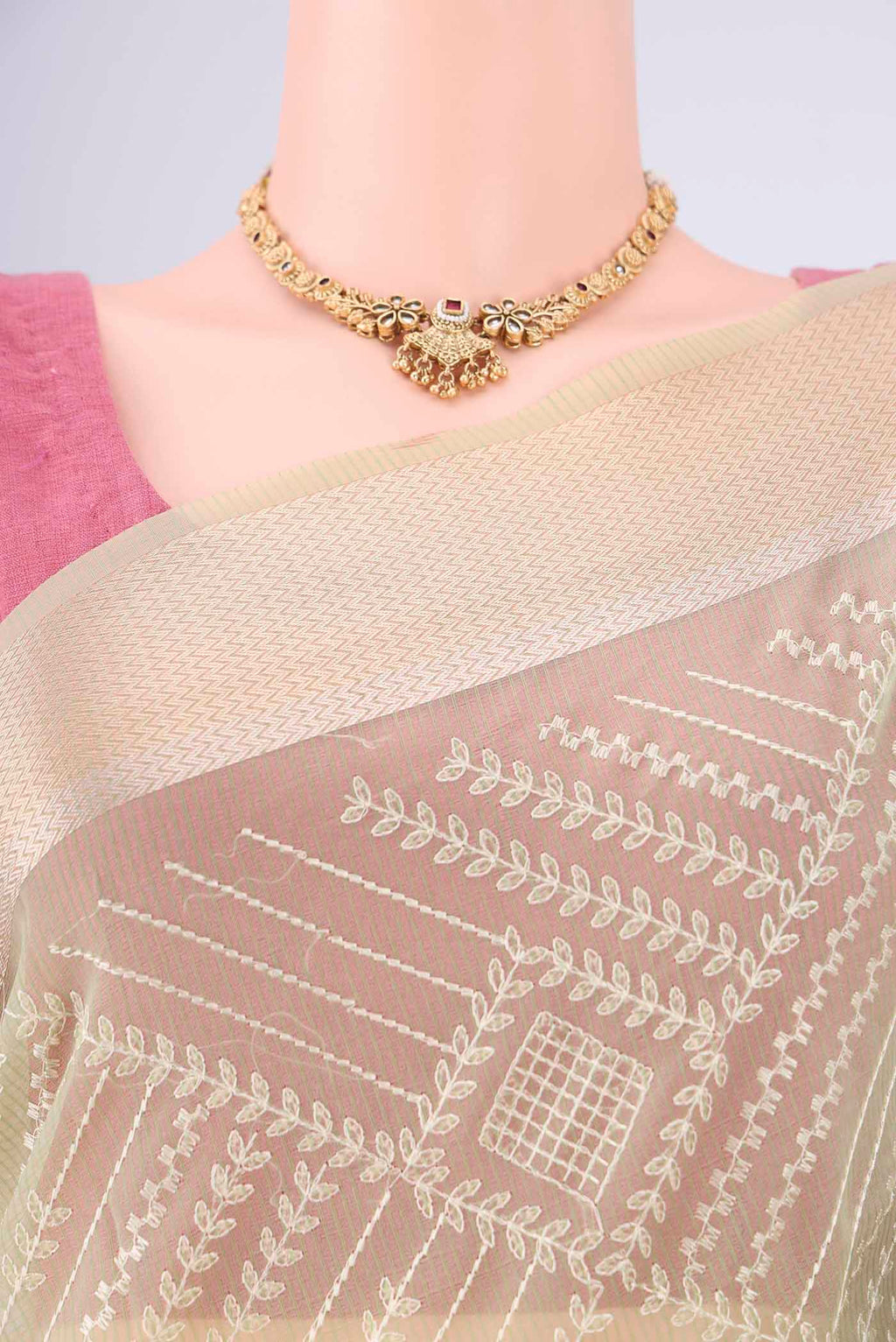 Border image of Light Green Blended Kota Cotton Saree with Embroidery on the body and Zari Border. 