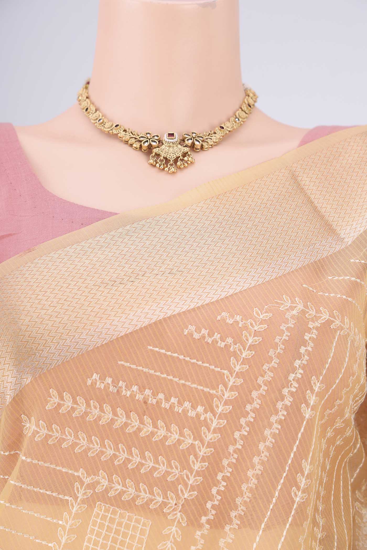 Border image of Lemon Yellow Blended Kota Cotton Saree with Embroidery on the body and Zari Border. 