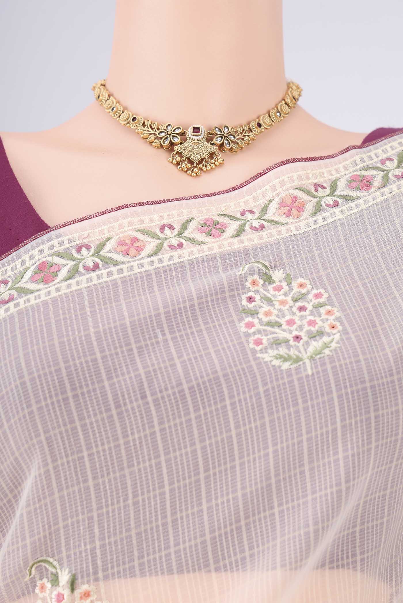 Border image of Off White Dual Tone Blended Kota Cotton Saree with Embroidery on the body and Thread Border. 