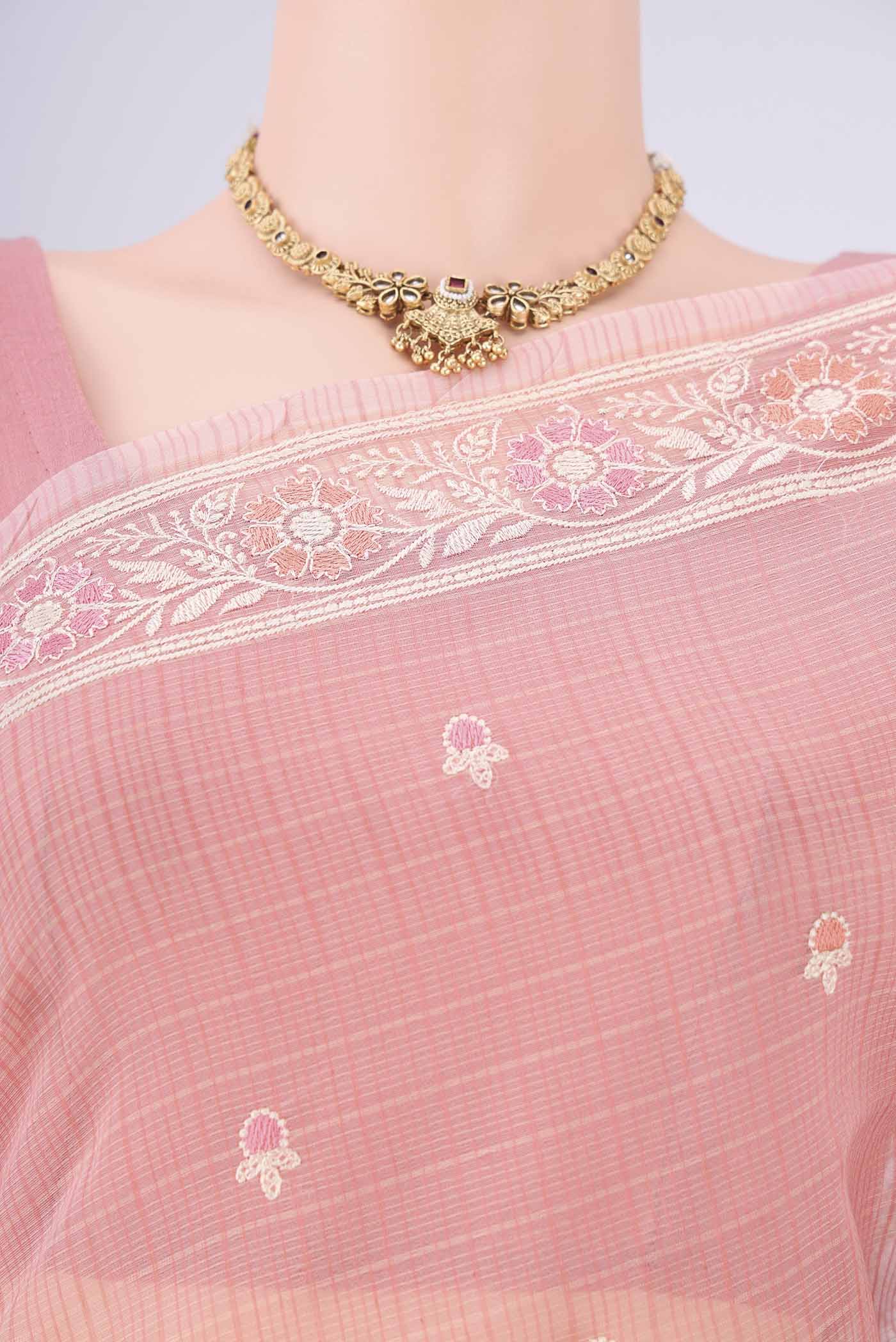 Border image of Peach Blended Kota Cotton Saree with Embroidery on the body and Thread Border. 