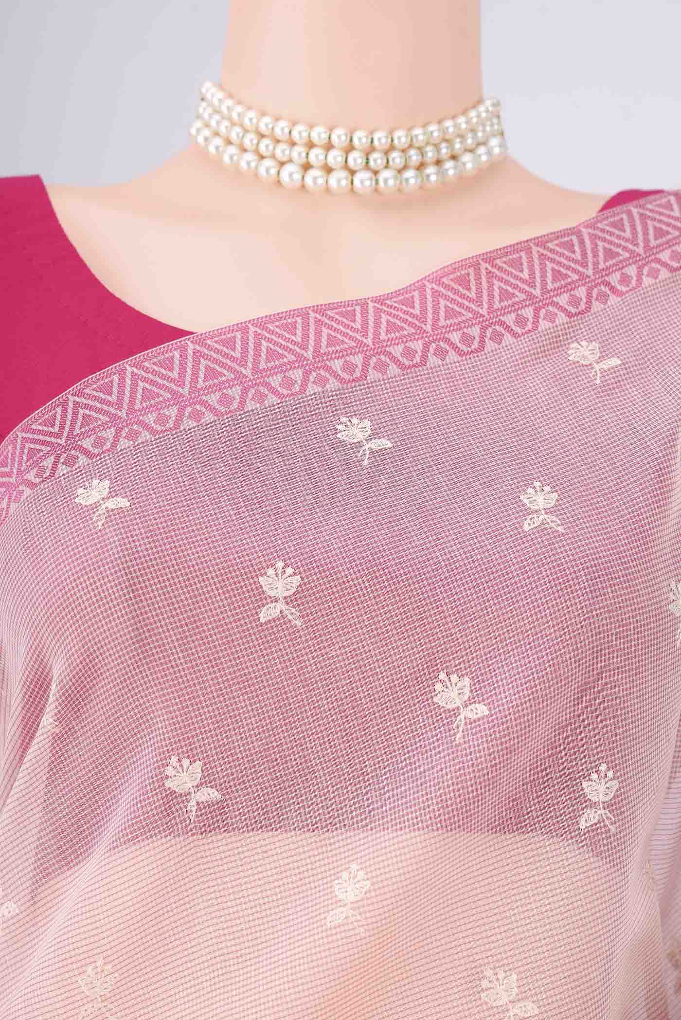 Border image of Pink Blended Kota Cotton Saree with Embroidery on the body and Thread Border. 