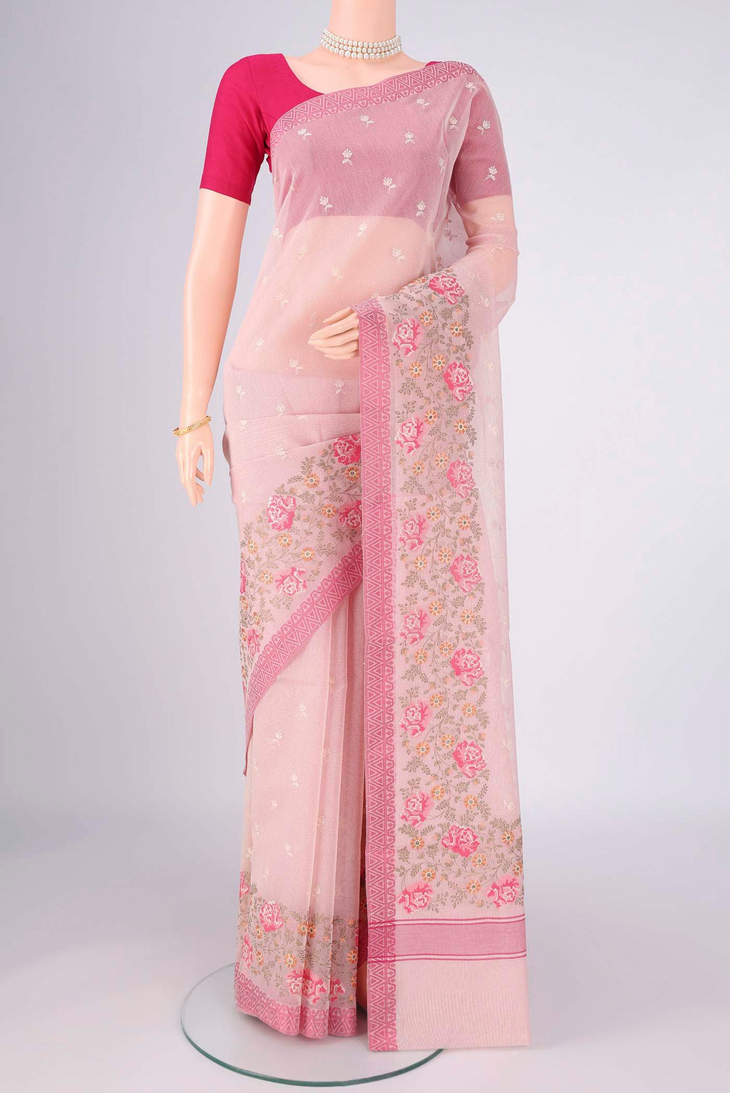 Pink Blended Kota Cotton Saree with Embroidery on the body and Thread Border.  displayed on a mannequin