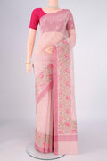 Pink Blended Kota Cotton Saree with Embroidery on the body and Thread Border.  displayed on a mannequin