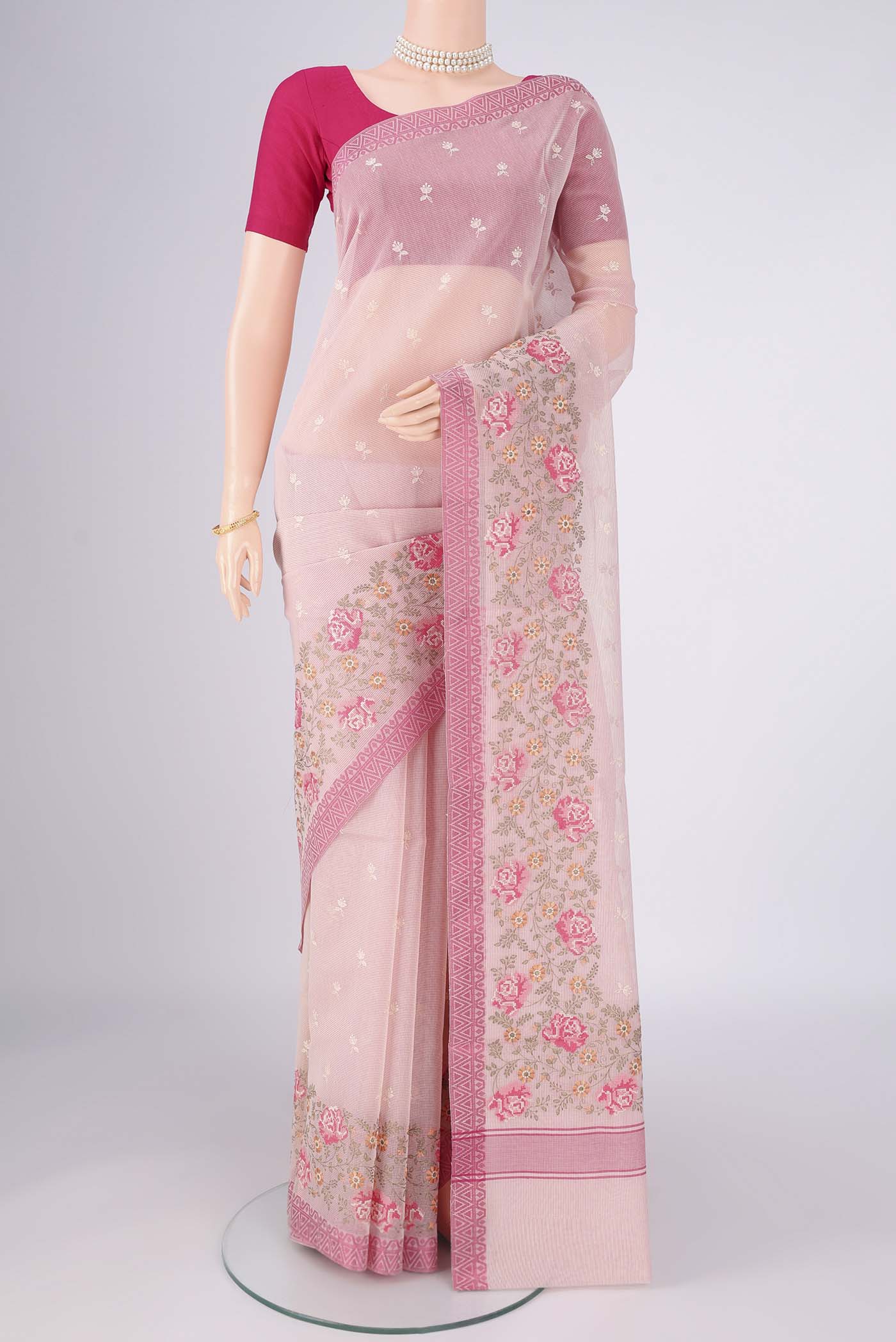 Pink Blended Kota Cotton Saree with Embroidery on the body and Thread Border.  displayed on a mannequin