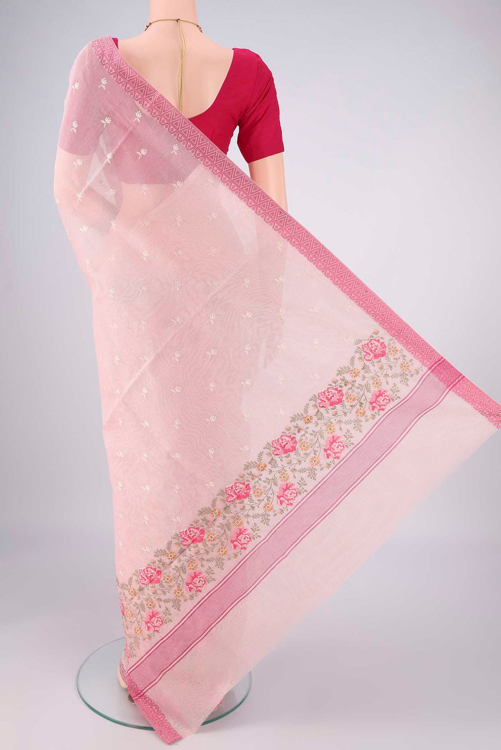 Flat view of Pink Blended Kota Cotton Saree with Embroidery on the body and Thread Border. 