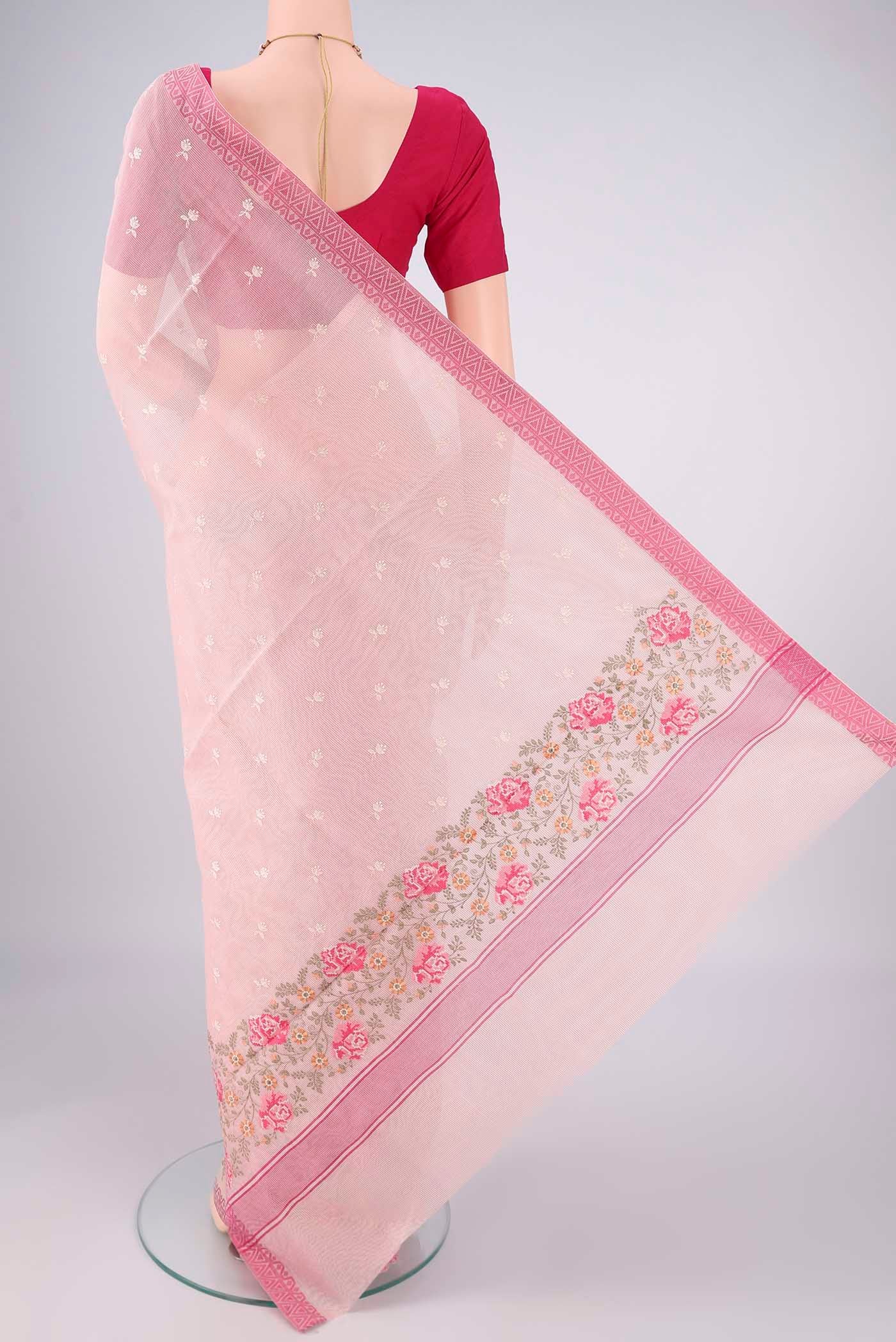 Flat view of Pink Blended Kota Cotton Saree with Embroidery on the body and Thread Border. 