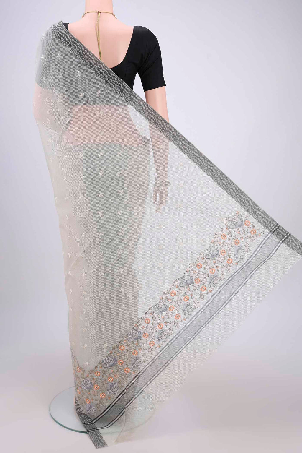 Flat view of Off White Kota Cotton Saree with Embroidery on the body and Thread Border. 