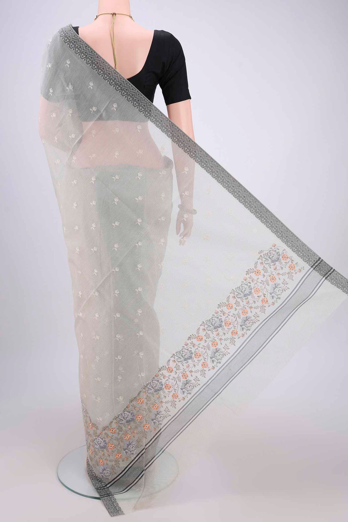 Flat view of Off White Kota Cotton Saree with Embroidery on the body and Thread Border. 