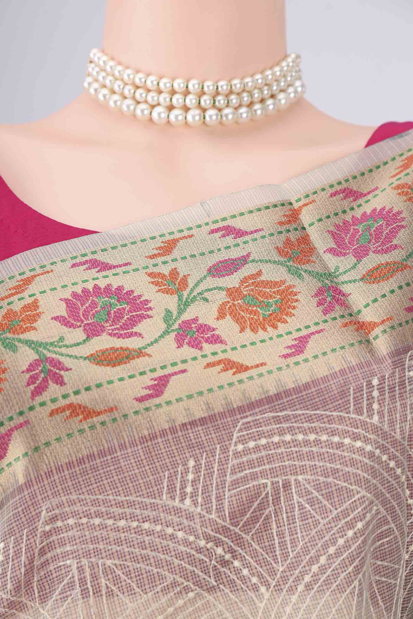 Border image of Grey Blended Kota Cotton Saree with Embroidery on the body and Zari Border. 