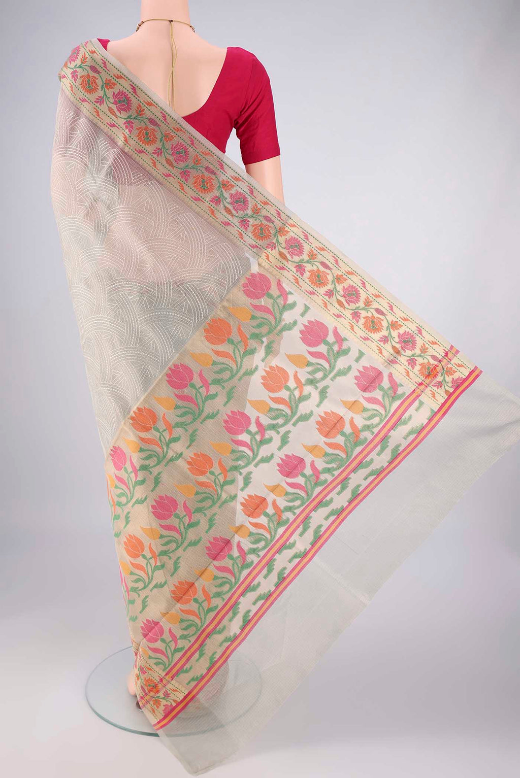 Flat view of Grey Blended Kota Cotton Saree with Embroidery on the body and Zari Border. 