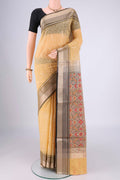 Yellow Blended Kota Cotton Saree with Embroidery on the body and Zari Border.  displayed on a mannequin