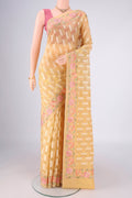 Sandal Blended Kota Cotton Saree with Zari And Thread Butta on the body and Thread Border.  displayed on a mannequin