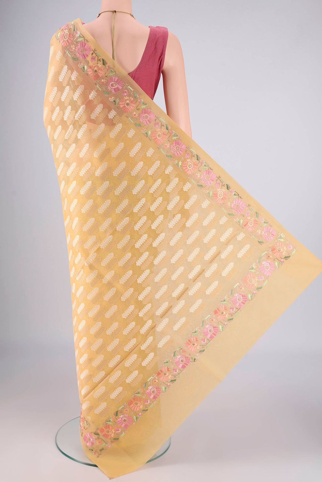 Flat view of Sandal Blended Kota Cotton Saree with Zari And Thread Butta on the body and Thread Border. 