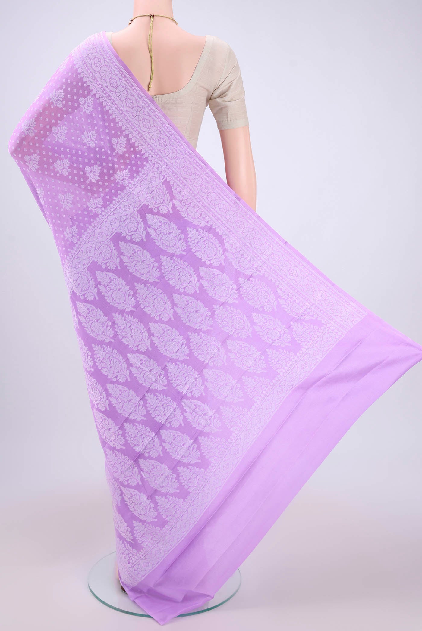 Flat view of Lilac Blended Banarasi Georgette Saree with Thread Butta on the body and Thread Border. 