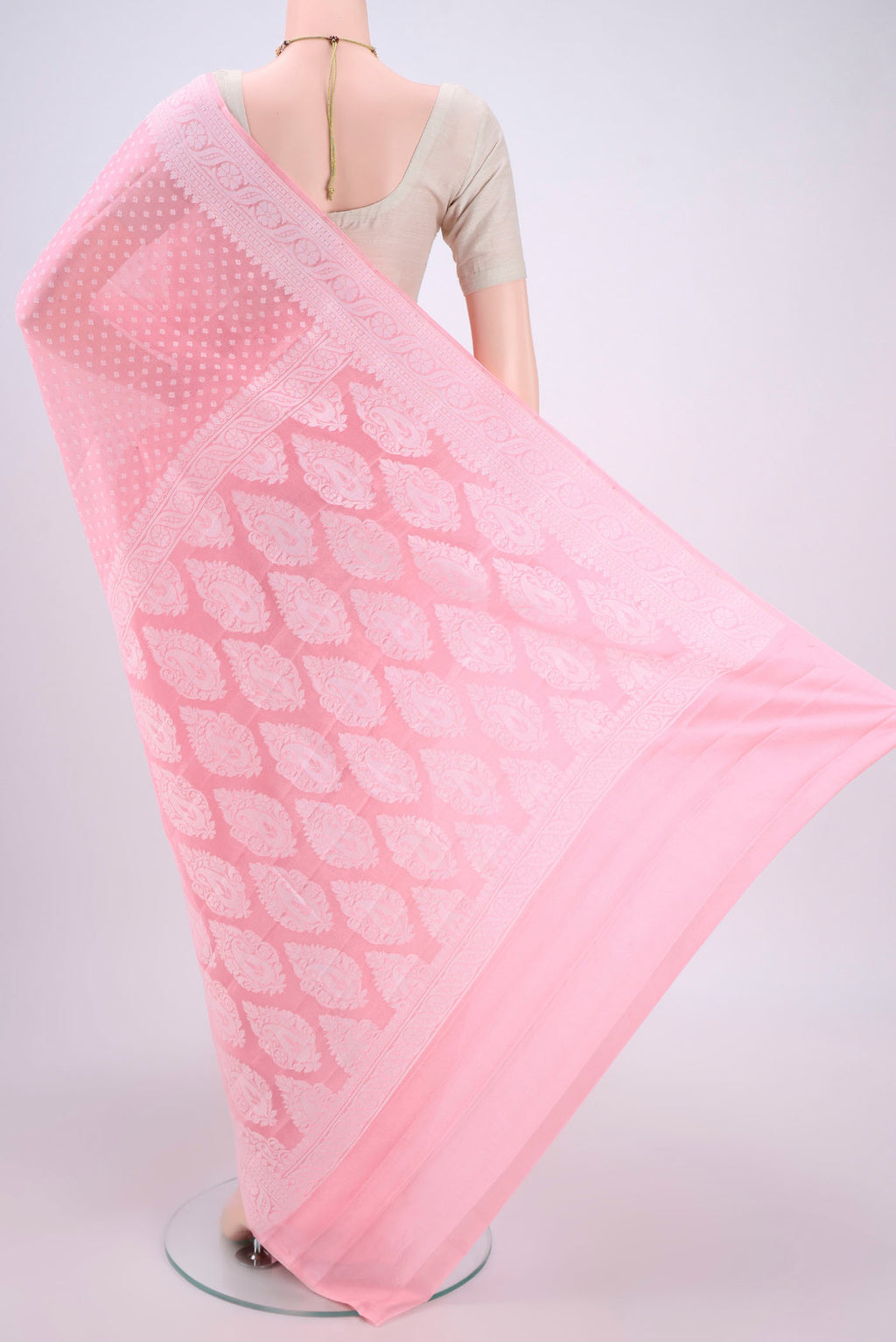 Flat view of Peach Blended Banarasi Georgette Saree with Thread Butta on the body and Thread Border. 