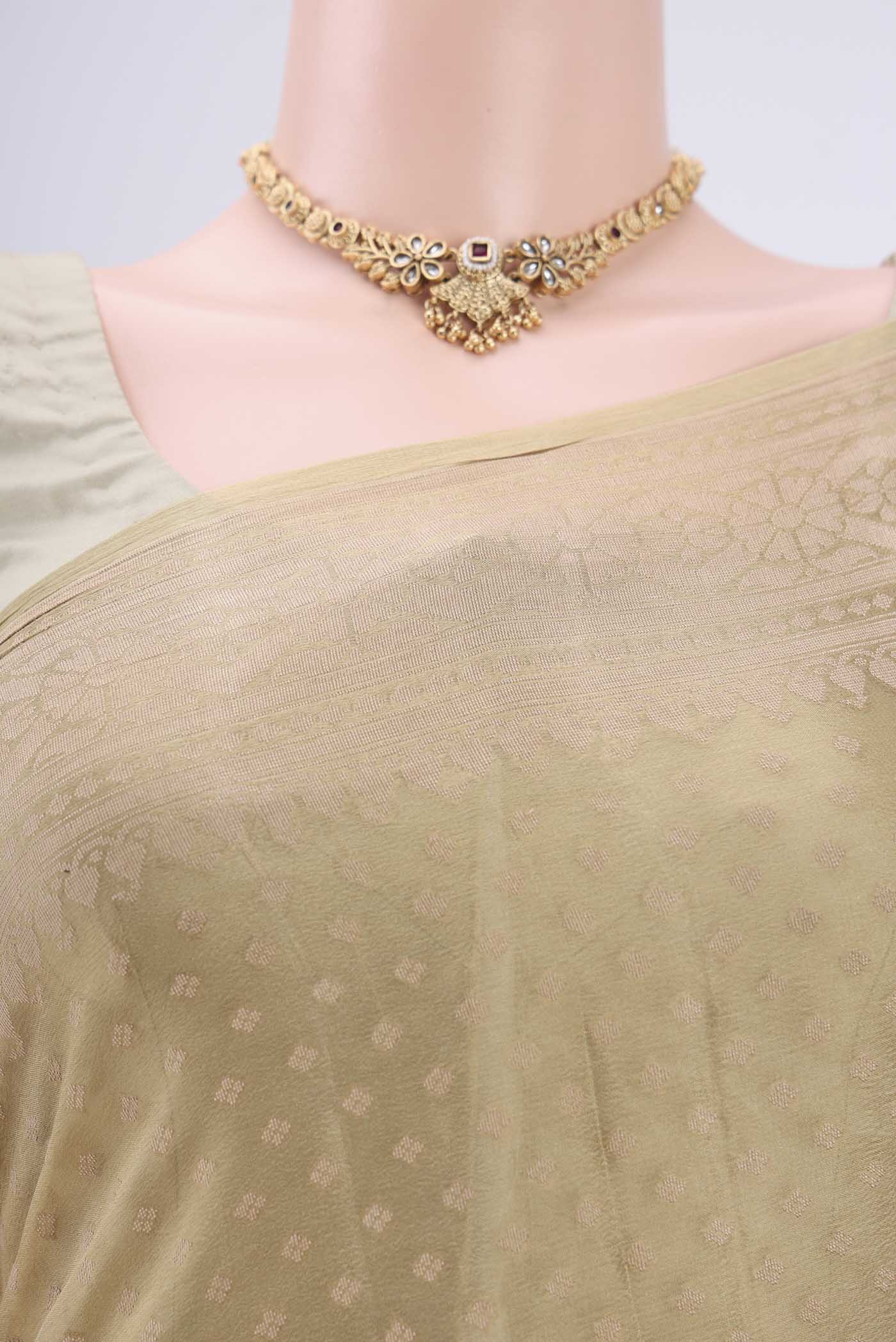 Border image of Beige Blended Banarasi Georgette Saree with Thread Butta on the body and Thread Border. 