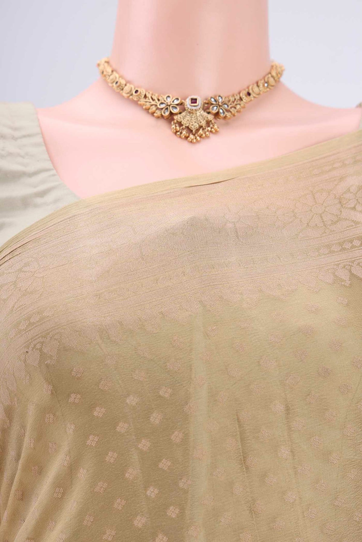 Border image of Beige Blended Banarasi Georgette Saree with Thread Butta on the body and Thread Border. 