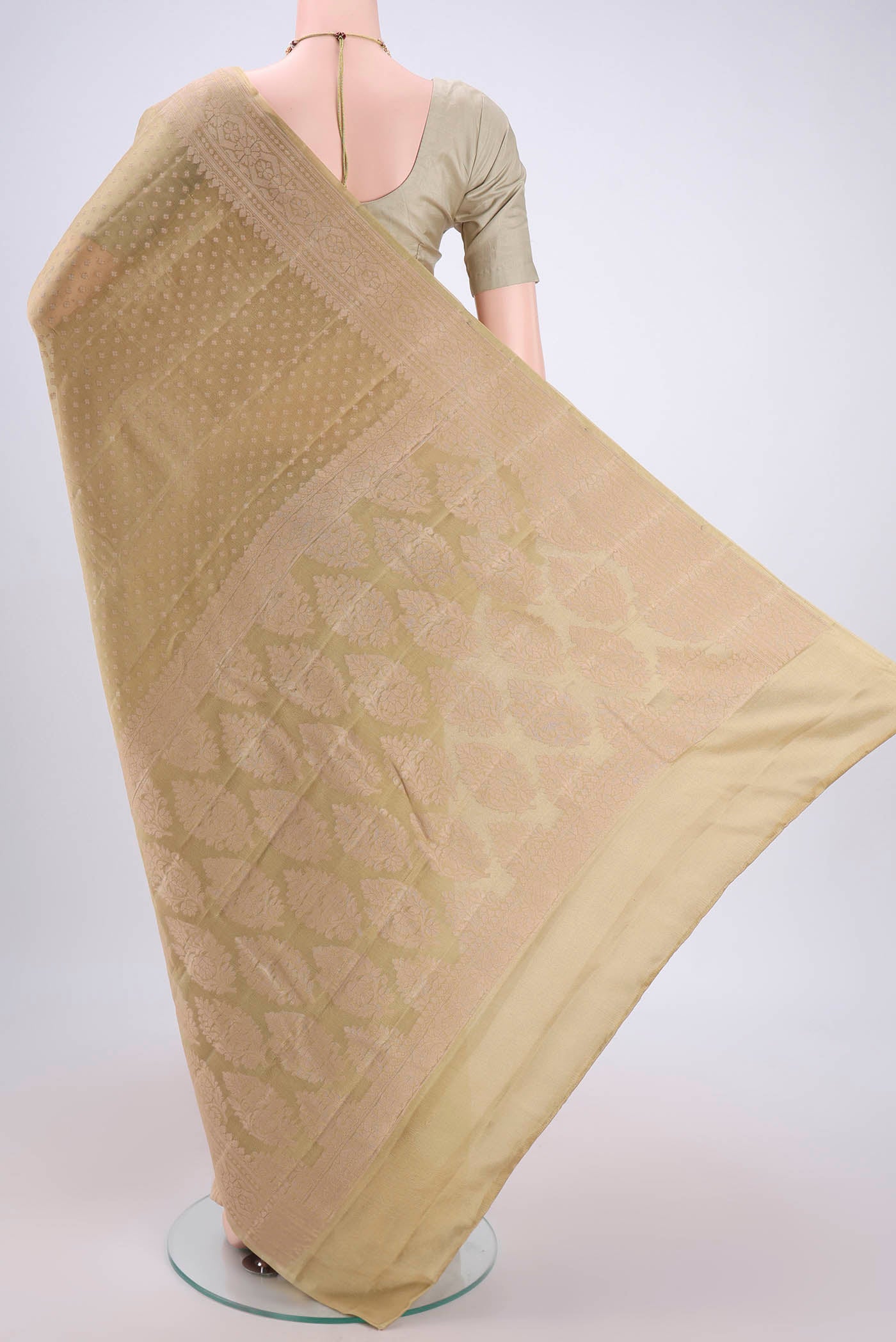 Flat view of Beige Blended Banarasi Georgette Saree with Thread Butta on the body and Thread Border. 