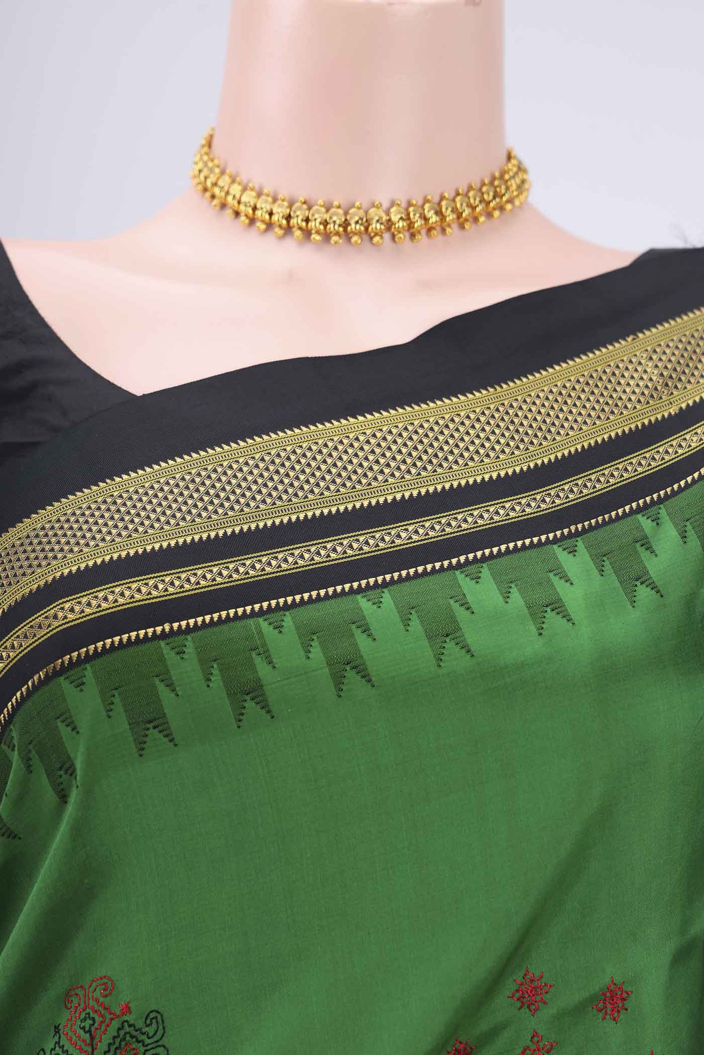 Border image of Green Bangalore Silk Saree with Embroidery on the body and Temple Border. 
