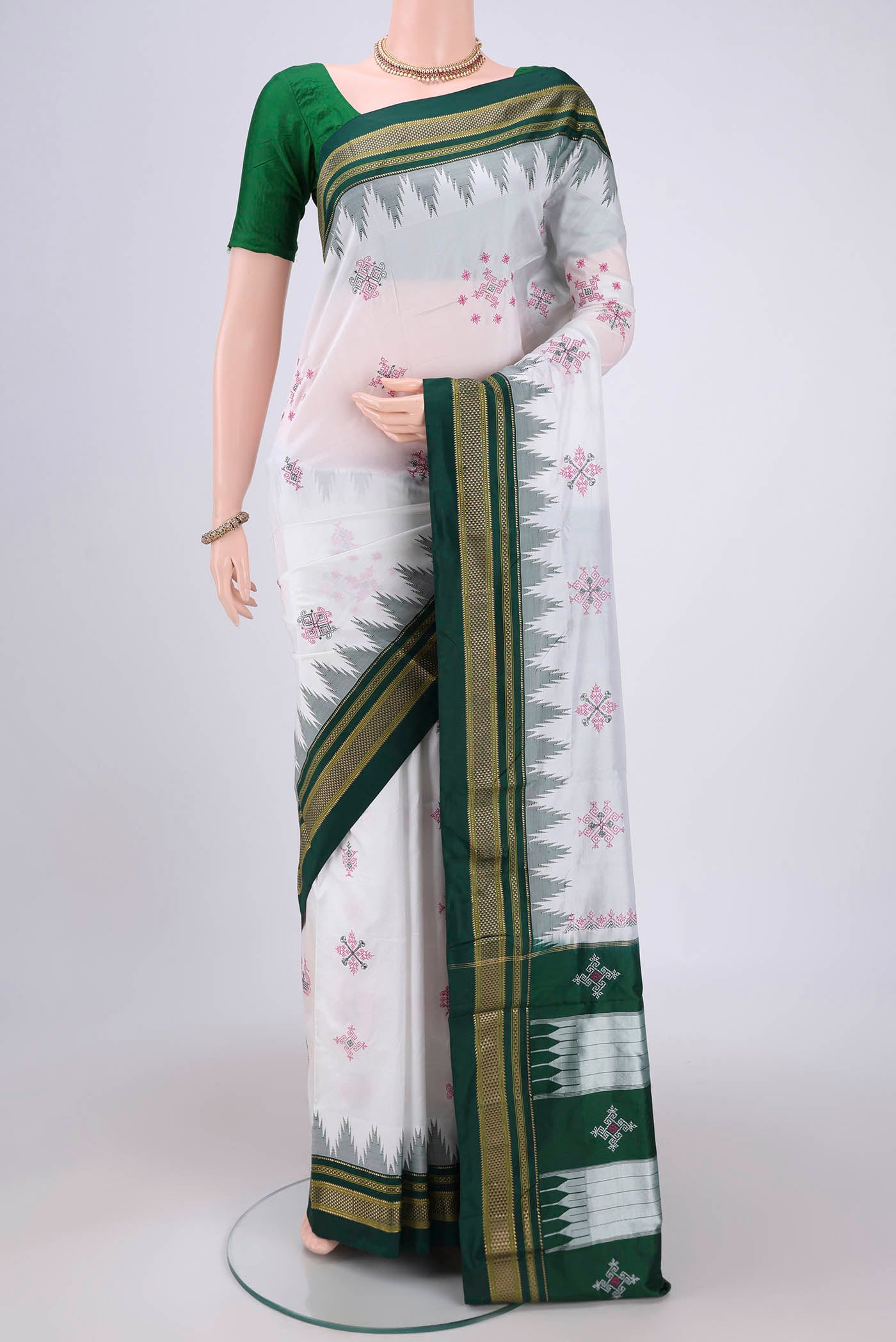 White Bangalore Silk Saree with Embroidery on the body and Temple Border.  displayed on a mannequin