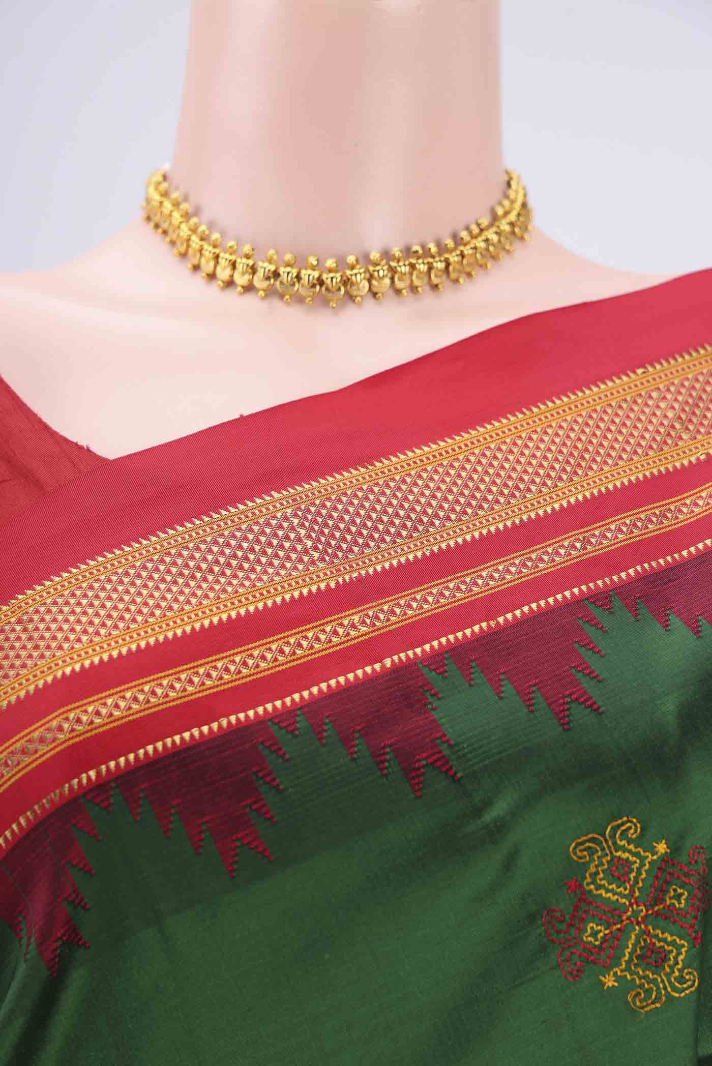 Border image of Bottle Green Bangalore Silk Saree with Embroidery on the body and Temple Border. 