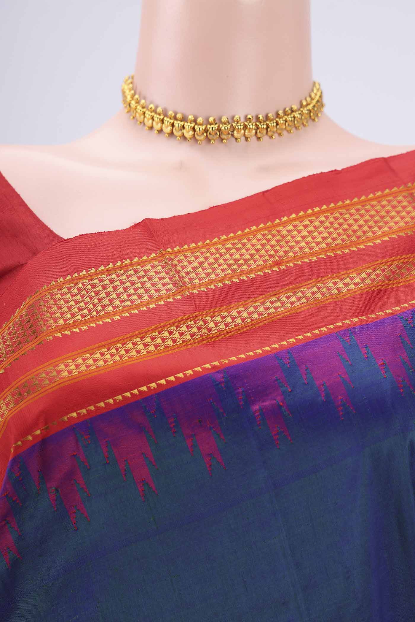 Border image of Peacock Blue Bangalore Silk Saree with Plain Body and Temple Border. 