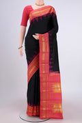 Black Bangalore Silk Saree with Plain Body and Temple Border.  displayed on a mannequin