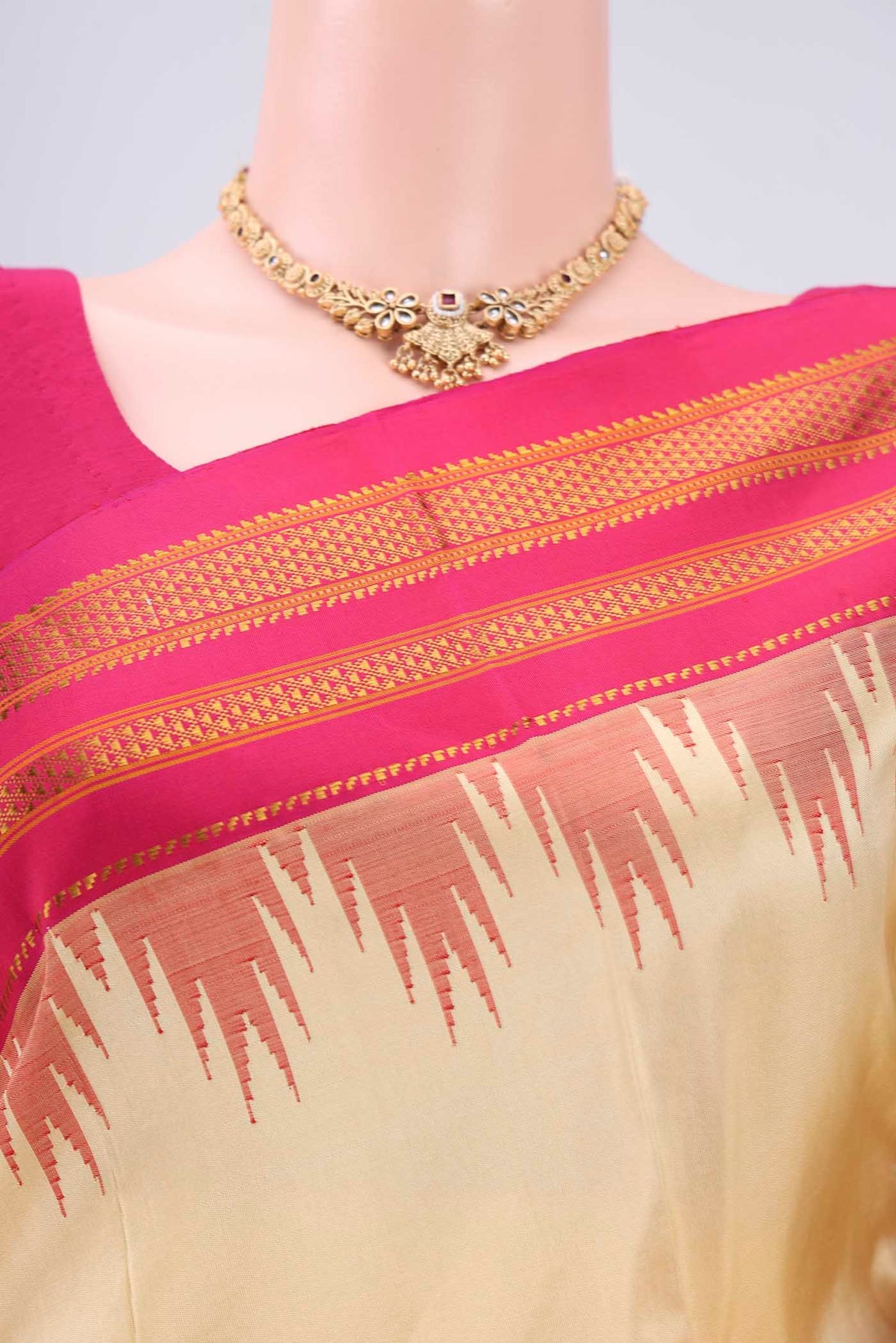Border image of Cream Bangalore Silk Saree with Plain Body and Temple Border. 