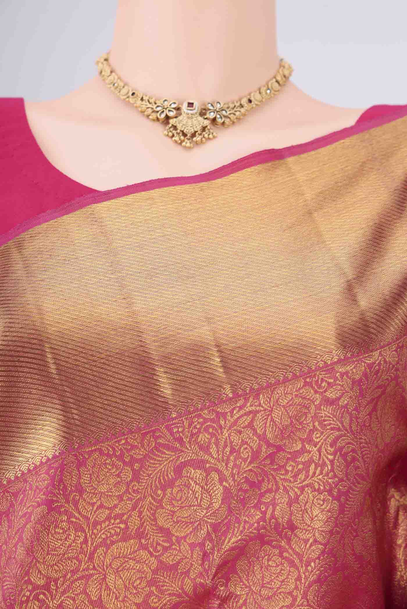 Border image of Pure Silk Pure Zari Pink Kanjivaram Saree with Zari Brocade on the body and Zari Border. 
