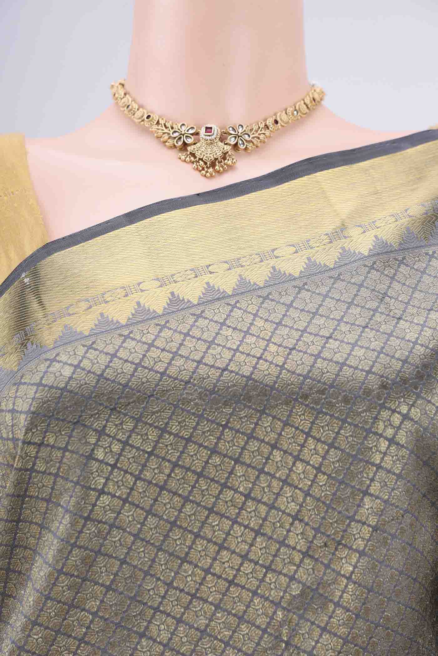 Border image of Pure Silk Pure Zari Grey Kanjivaram Saree with Zari Brocade on the body and Zari Border. 