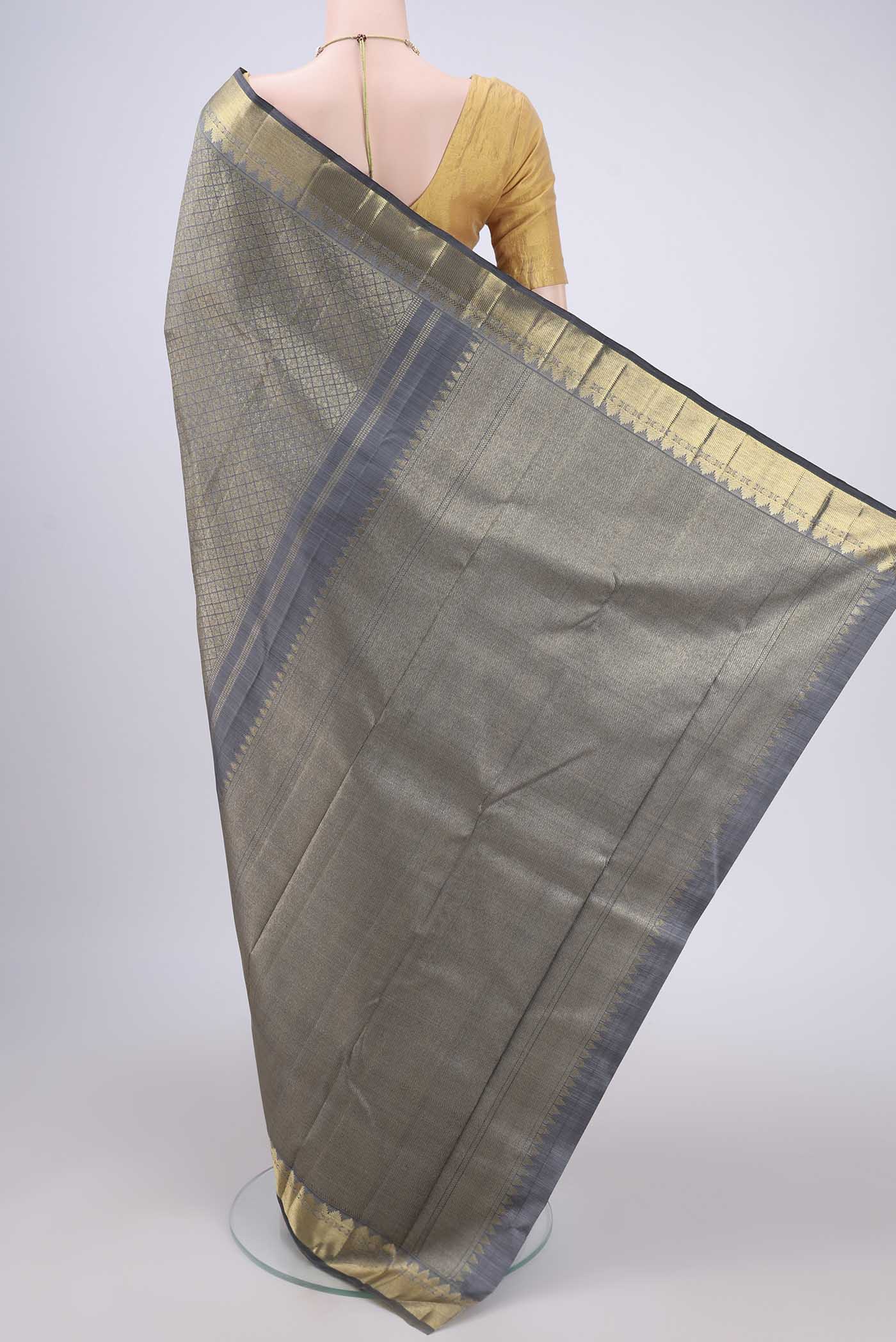 Flat view of Pure Silk Pure Zari Grey Kanjivaram Saree with Zari Brocade on the body and Zari Border. 