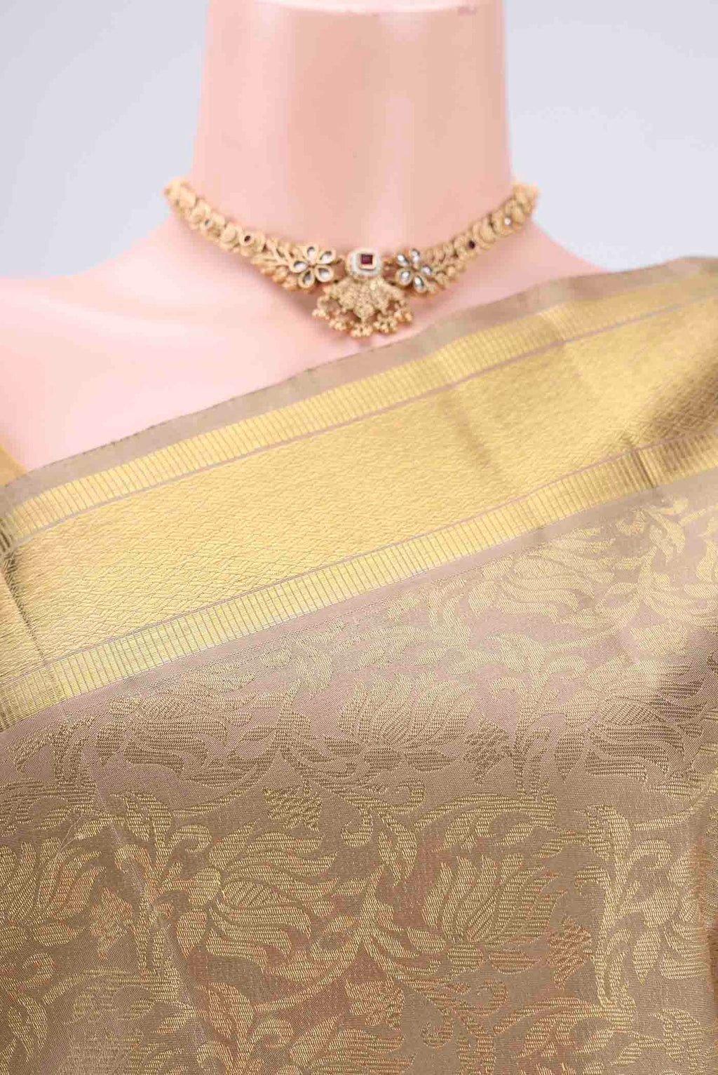 Border image of Pure Silk Pure Zari Beige Kanjivaram Saree with Zari Butta on the body and Zari Border. 