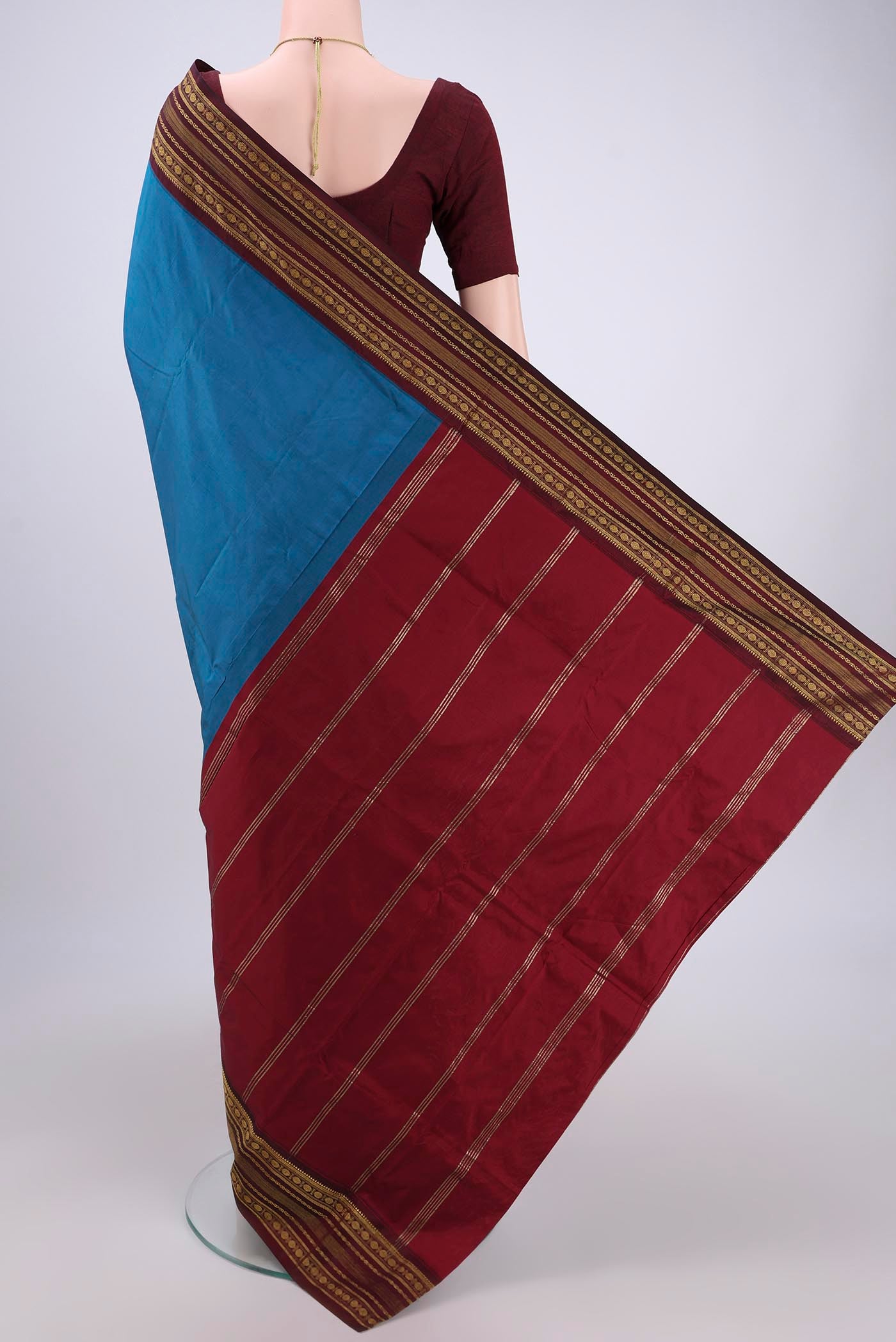 Flat view of Dark Blue Blended Bangalore Silk Saree with Plain Body and Zari Border. 