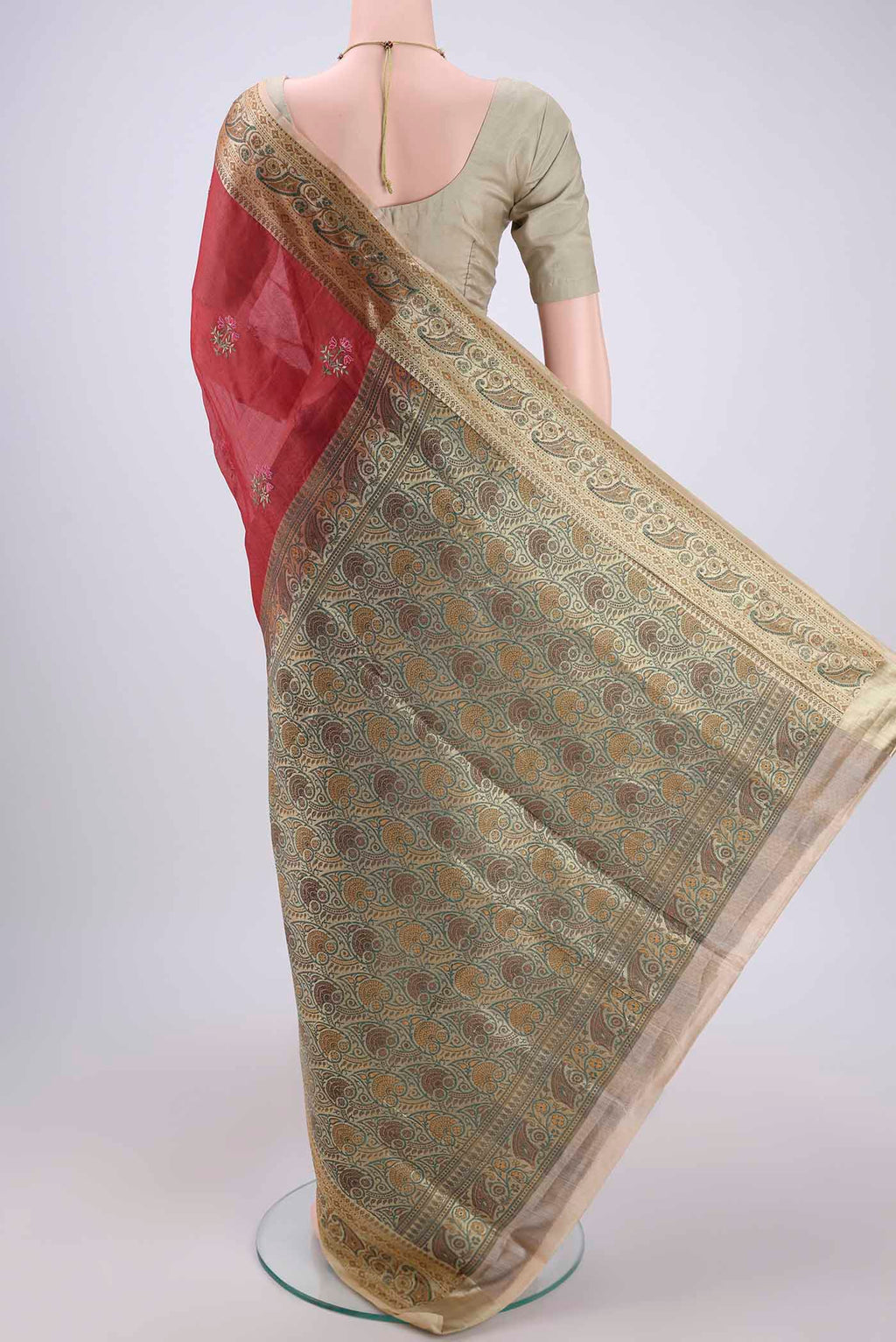 Flat view of Maroon Banarasi Tussar Silk Saree with Embroidery on the body and Zari And Thread Border. 