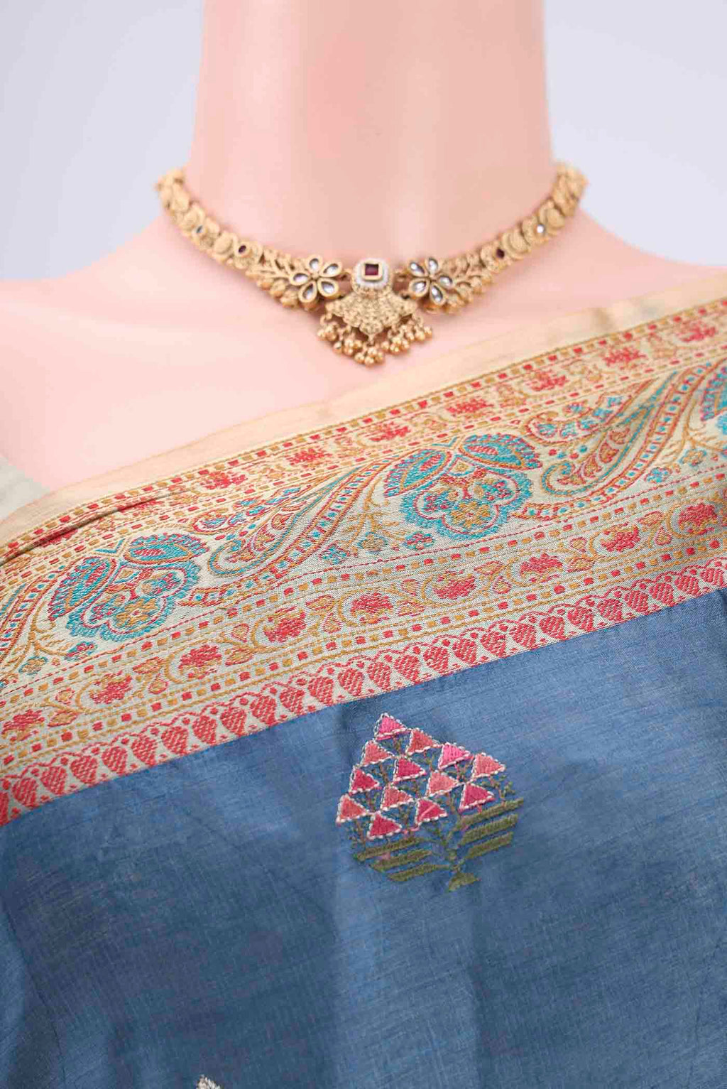 Border image of Electric Blue Banarasi Tussar Silk Saree with Embroidery on the body and Zari And Thread Border. 