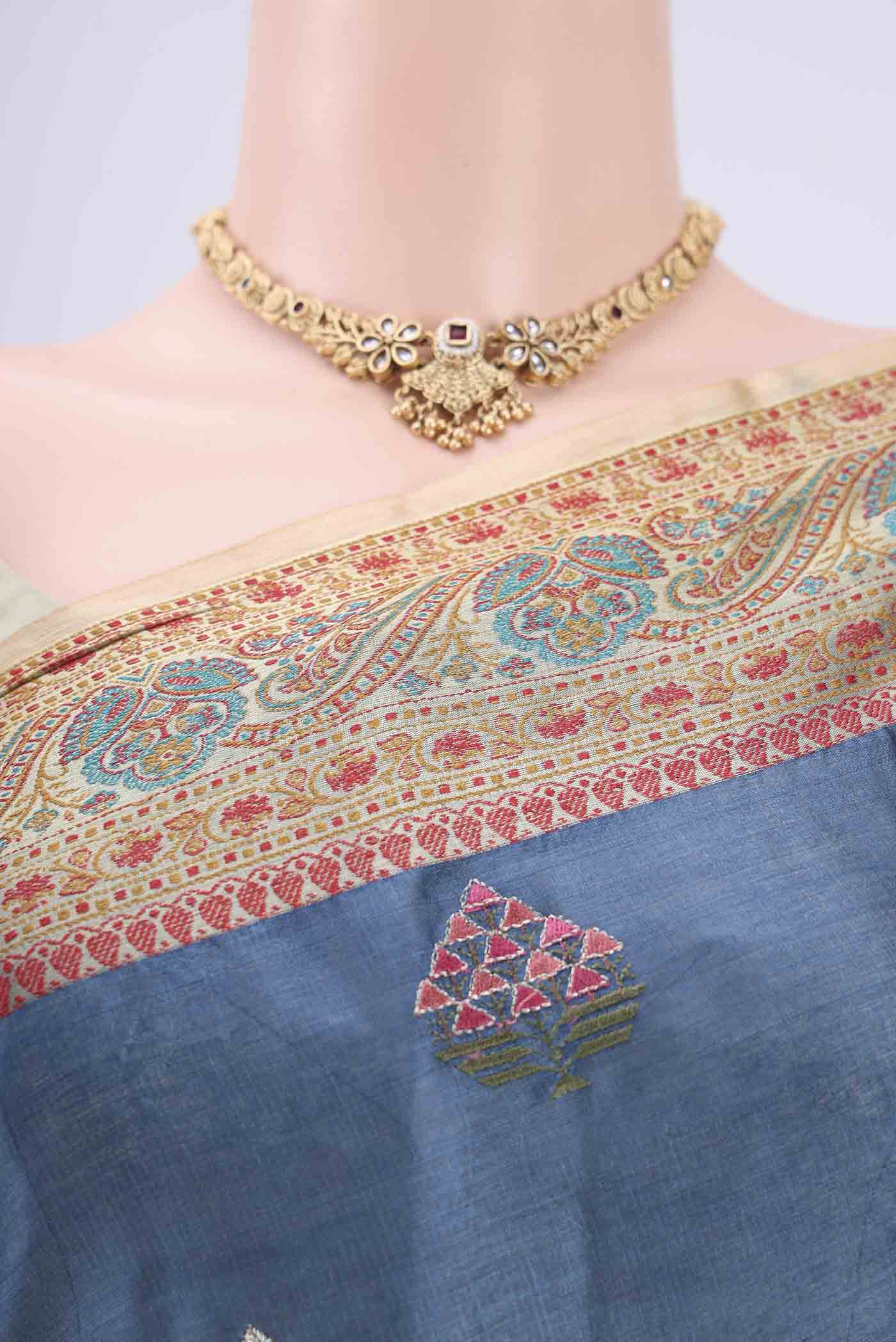 Border image of Electric Blue Banarasi Tussar Silk Saree with Embroidery on the body and Zari And Thread Border. 