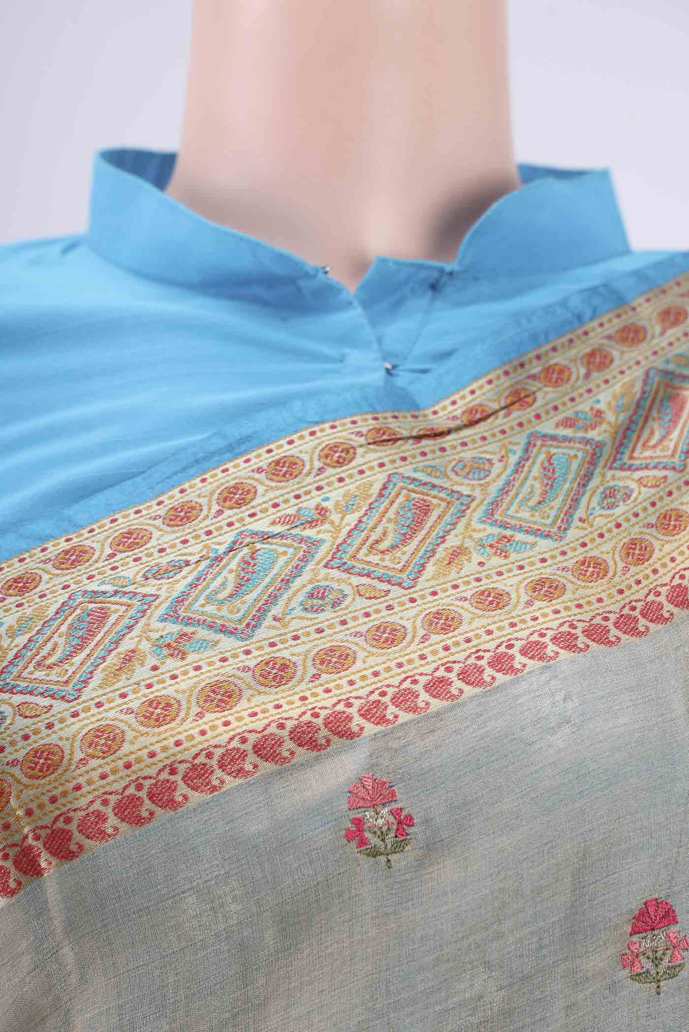 Border image of Sea Green Banarasi Tussar Silk Saree with Embroidery on the body and Zari And Thread Border. 
