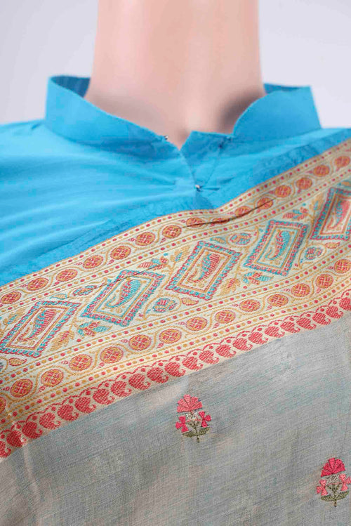 Border image of Sea Green Banarasi Tussar Silk Saree with Embroidery on the body and Zari And Thread Border. 